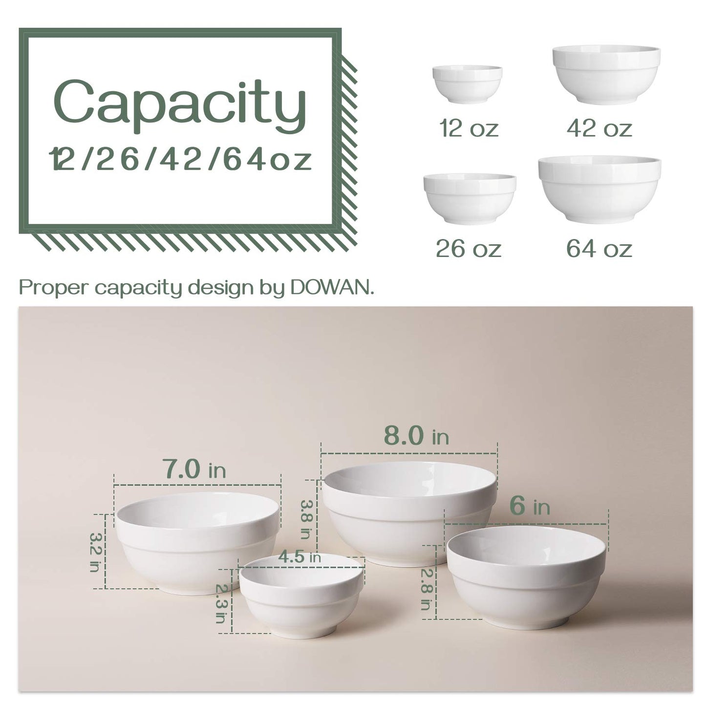 DOWAN Serving Bowls, 64/42/22/12 Oz Serving Dishes for Entertaining, Soft White Porcelain Nesting Bowls Set, Microwave & Dishwasher Safe, Versatile Prep Bowls for Fruit Salad Pasta Dessert Cereal
