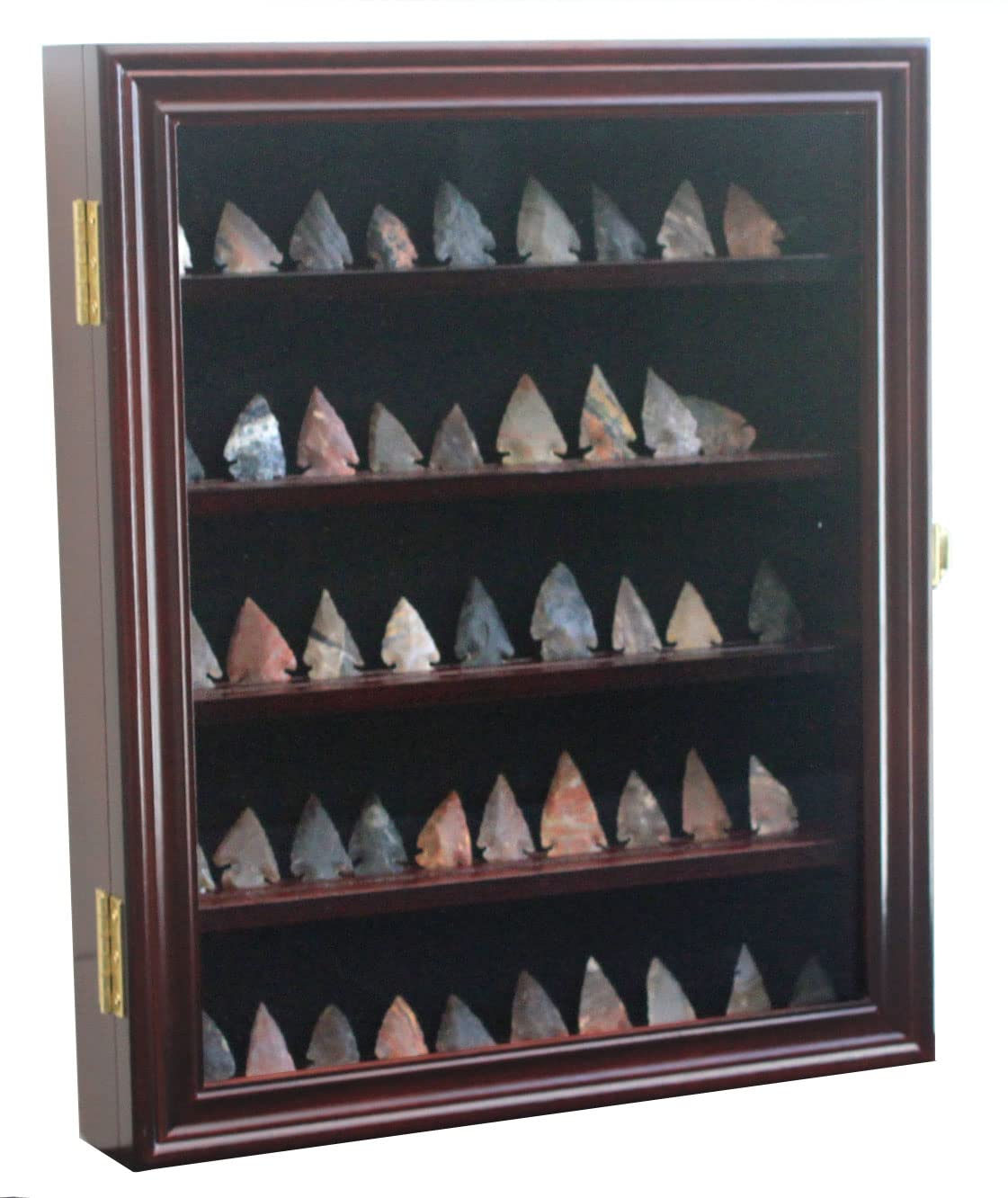 Arrowhead Display Case Native American Shadow Box Wall Mount Cabinet with UV Protection for Agate Opal Stone Arrowheads Spear Points (Mahogany Finish)