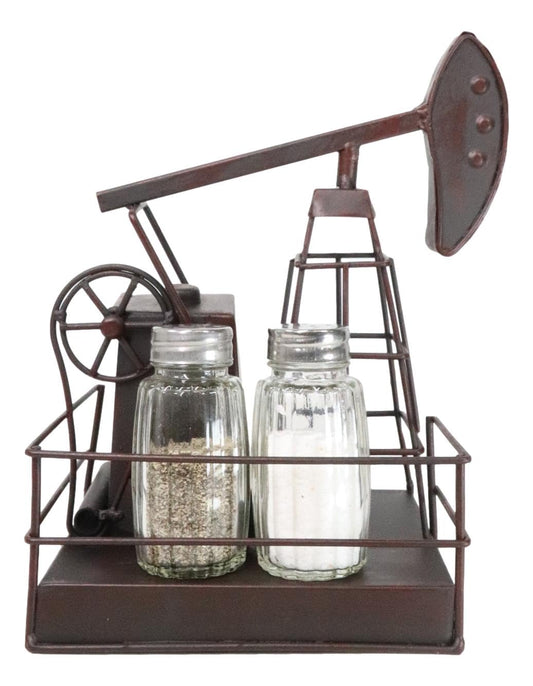 Ebros Gift 8.5" Tall Rustic Vintage Metal Oil Derrick Rig Pump Glass Salt And Pepper Shakers Carrier Organizer Holder 'Nodding Donkey' Model Kitchen Dining Decorative Centerpiece Figurine
