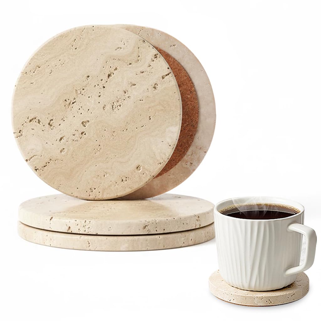 XINFUHUA Beige Travertine Coasters Set of 4, Non-Slip Cork Backing, Natural Stone Coaster for Drinks, Anti-Slip Round Artisanal Travertine Coaster for Kitchen Counter and Coffee Table (Round)