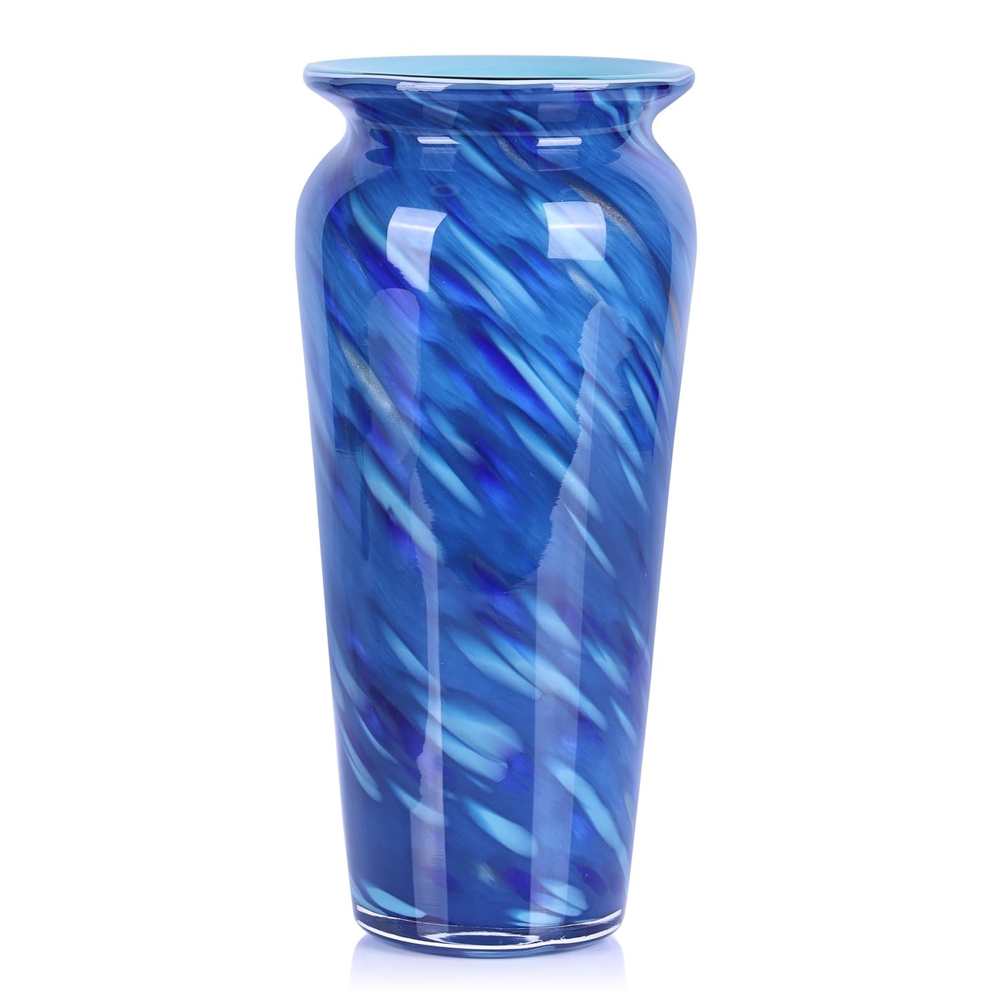 Blown Glass Blue vase, Blue Home Decor, Modern Art Wide Mouth vase for Living Room Dining Table Coffee Table entryway TV Stand nightstand Centerpiece.