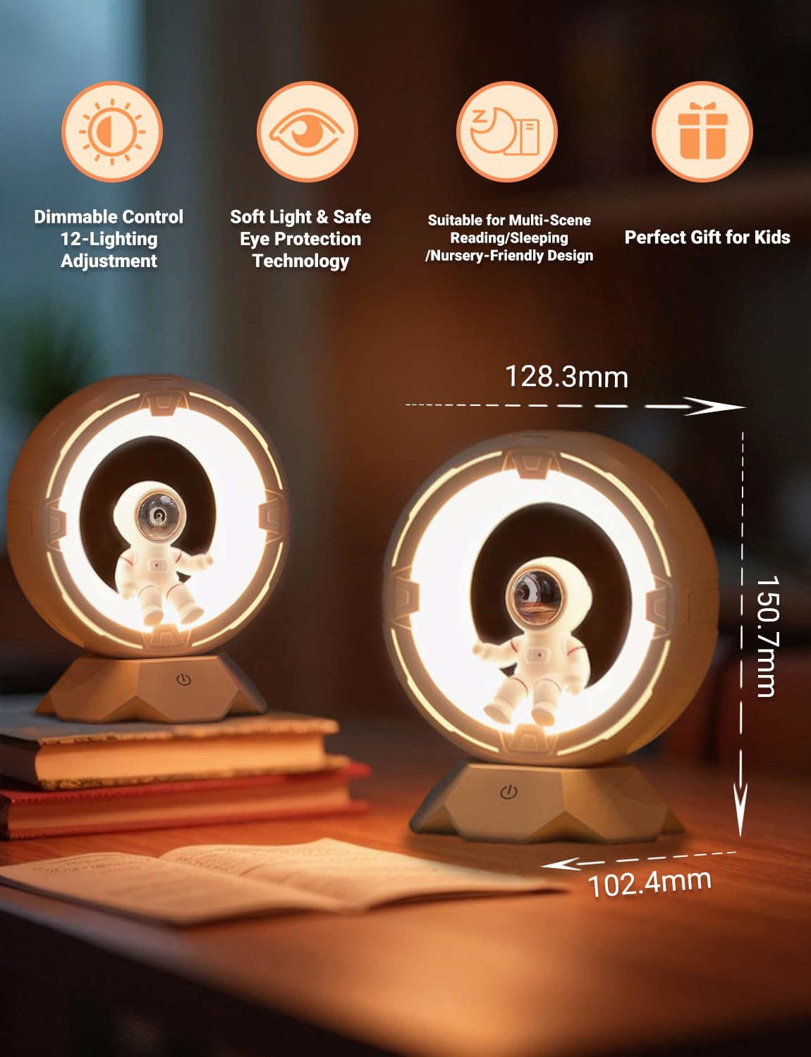 ILLUMYN Night Light Kids, Astronaut Space Night Light Lamp with 9-Level Cold Warm Light Rechargeable Dimmable Tap Touch Nightlight for Kids Children Toddler Bedroom Bedside Livingroom Desktop