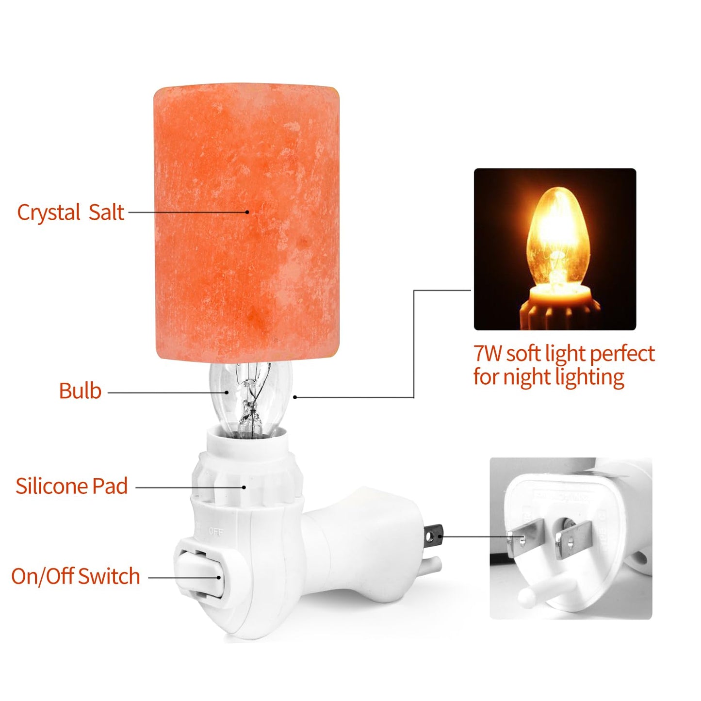 Betus Natural Crystal Himalayan Salt Wall Lamp - Air Purifying Night Light - 360° Rotatable Plug 7W Bulb - Cylindrical