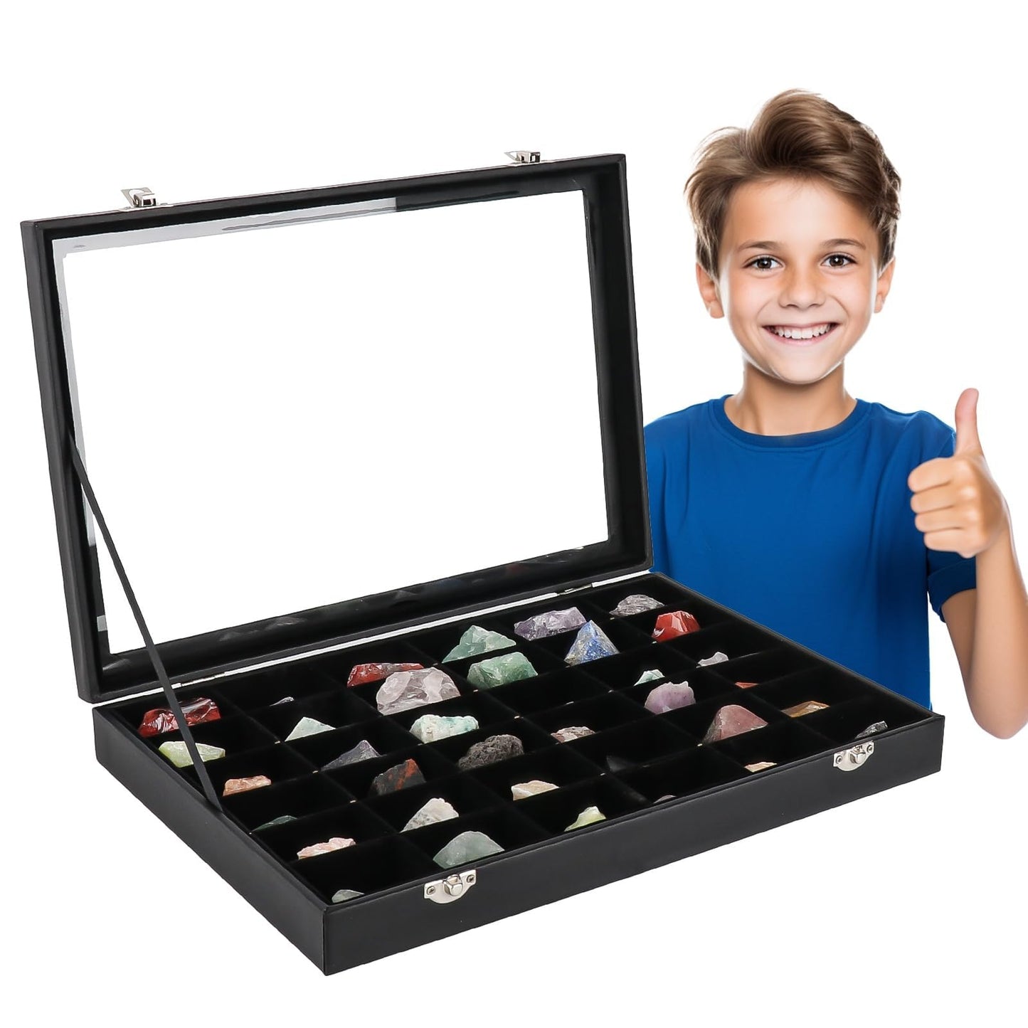 BTYCityMao Rock Collections Box for Kids - PU Leather Rock Display Case with 36 Grid - Storage & Display Shelf for Collectibles