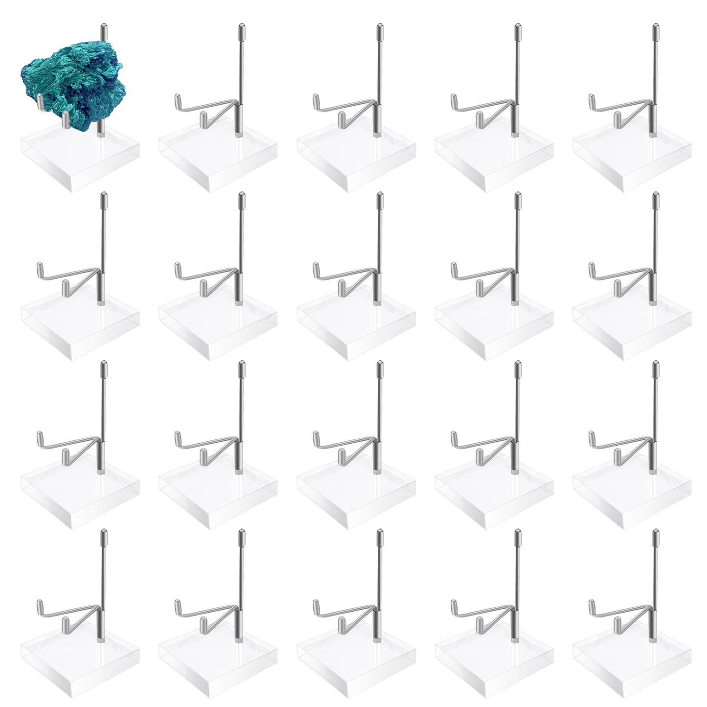 LECEHIVO 20 Pcs Adjustable Metal Arm Display Stand with Acrylic Base Silver Easel Rock Decorative Plate Holder for Picture Book Mineral Geodes Agate Coral Collection