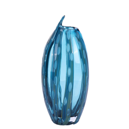 11.81in Hand Blown Blue-Green Glass Vase (White Dots) | vases Home Decor, Dining Room Table Decor, Blue vase, Glass Flower vase, Flower vase Unique Decorative Vase, Table Vase