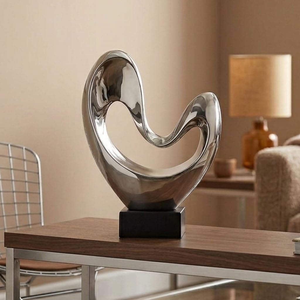 Deco 79 Polystone Abstract Decorative Sculpture Heart Home Decor Statue with Black Base, Accent Figurine 10" x 5" x 14", Silver