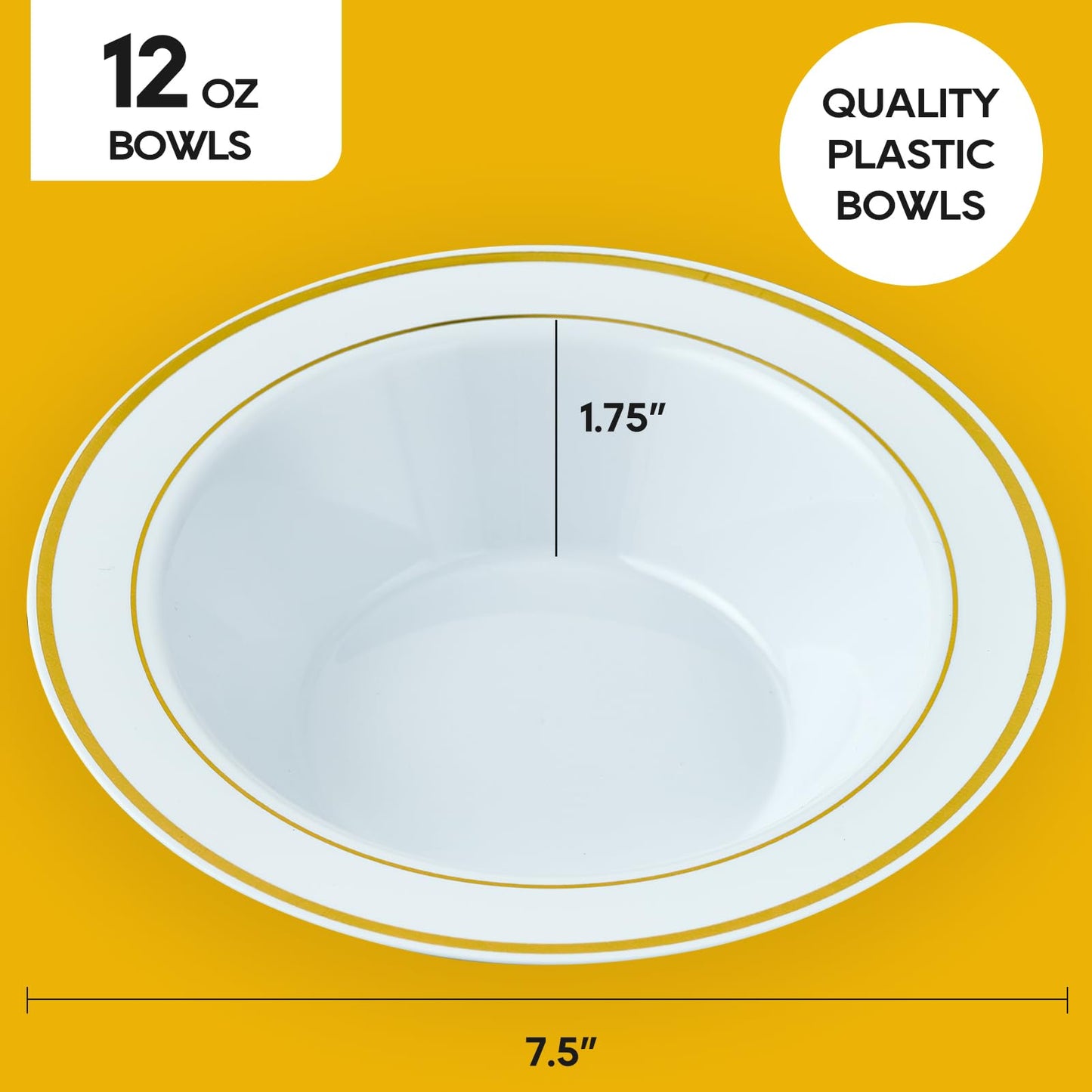 JOLLY PARTY 100PCS Plastic Bowls with Gold Rim-12oz disposable Soup Bowls, Christmas Thanksgiving Premium Dessert Salad Bowls for Wedding/Party