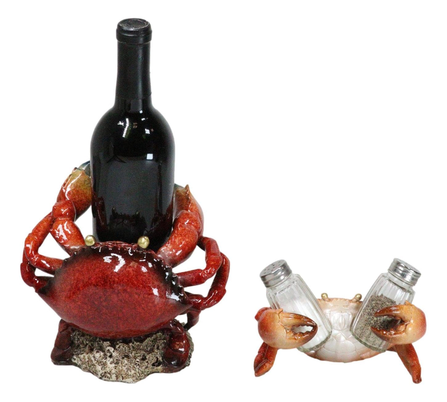 Ebros Gift Set of 2 Nautical Coastal Giant Stone Crab with Black Pincer End Tips Wine Bottle and Salt Pepper Shakers Holder Figurines Beach Sea Marine Accent