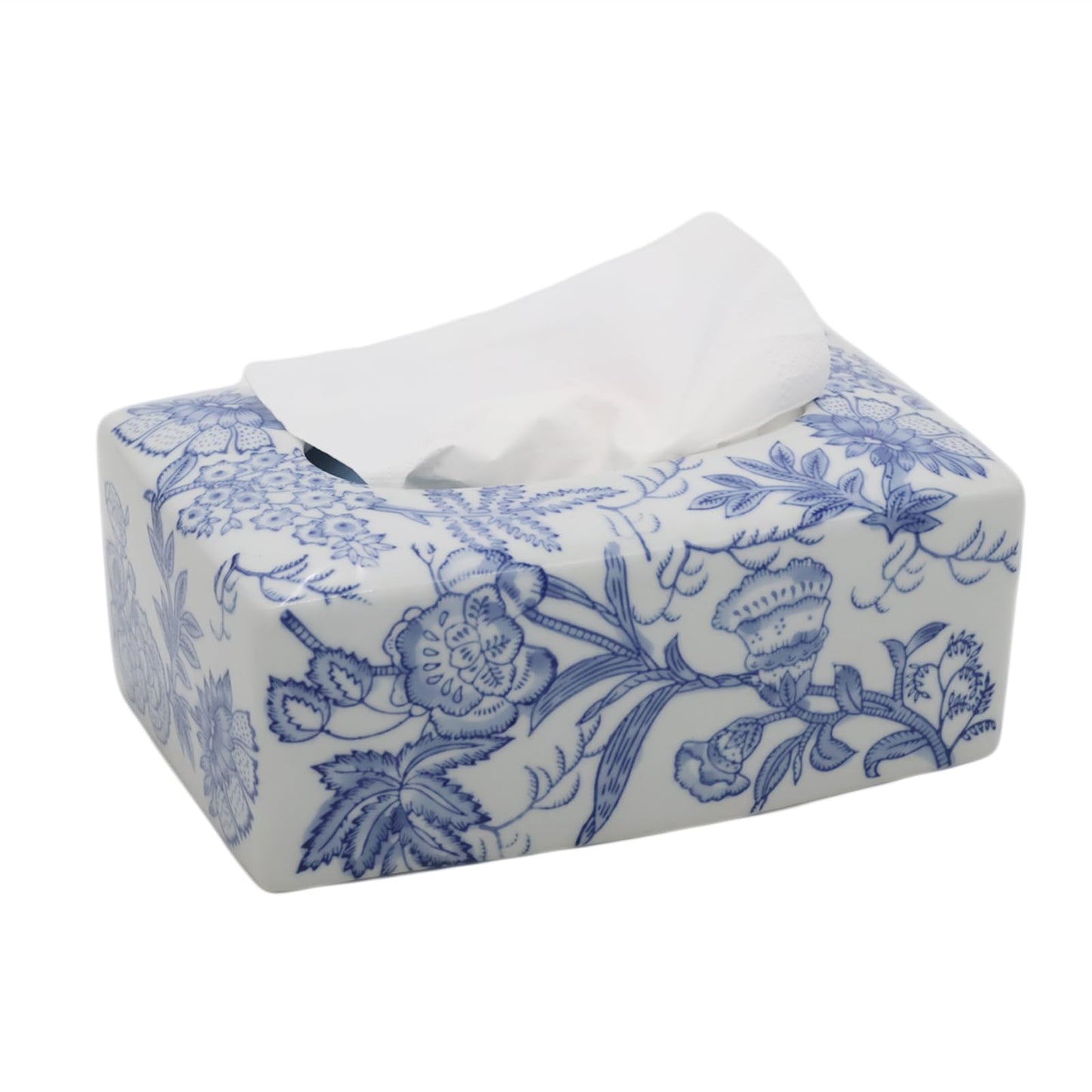Ceramic Rectangular Tissue Box Cover Holder, Durable Healthy Ecofriendly Decorative Tissue Box Case Organizer Holder for Vanity Toilet Tank Dresser Night Stand Table Countertop，Blue and White A