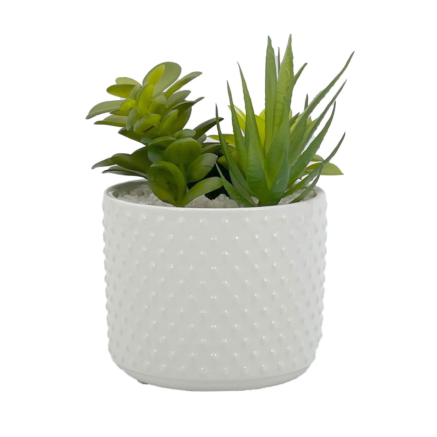 Galt International Faux Assorted Succulent Arrangement in White Dimpled Ceramic Porcelain Pot Planter 7.87" Tall | Home Decor Living Room Kitchen Washroom Restroom Office Plant