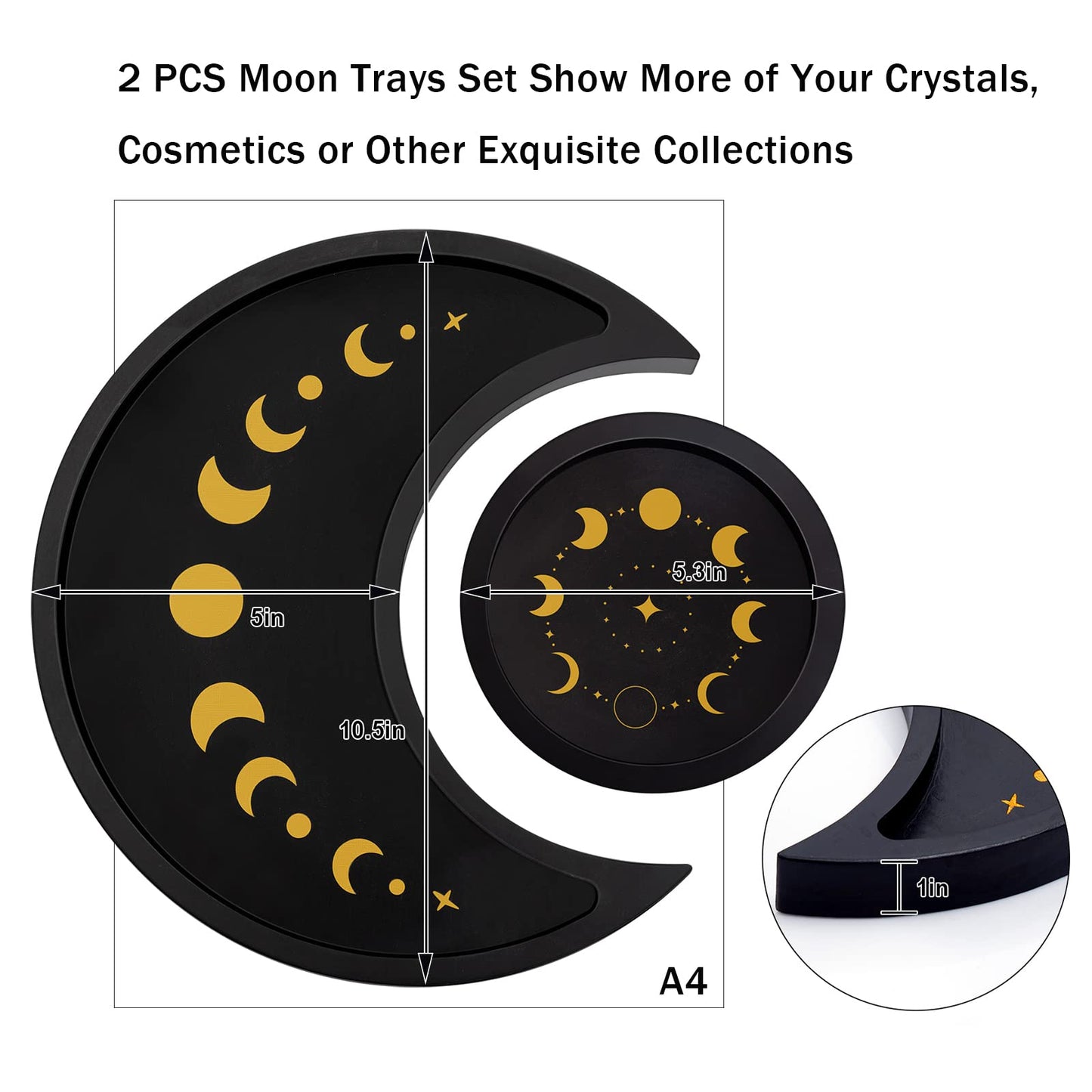 Mooncraftlogy Crescent Moon Tray Crystal Holder Set, Black Wooden Display for Stones Storage, Wicca Lunar Phases Organizer for Essential Oil Rocks, Altar Table Home