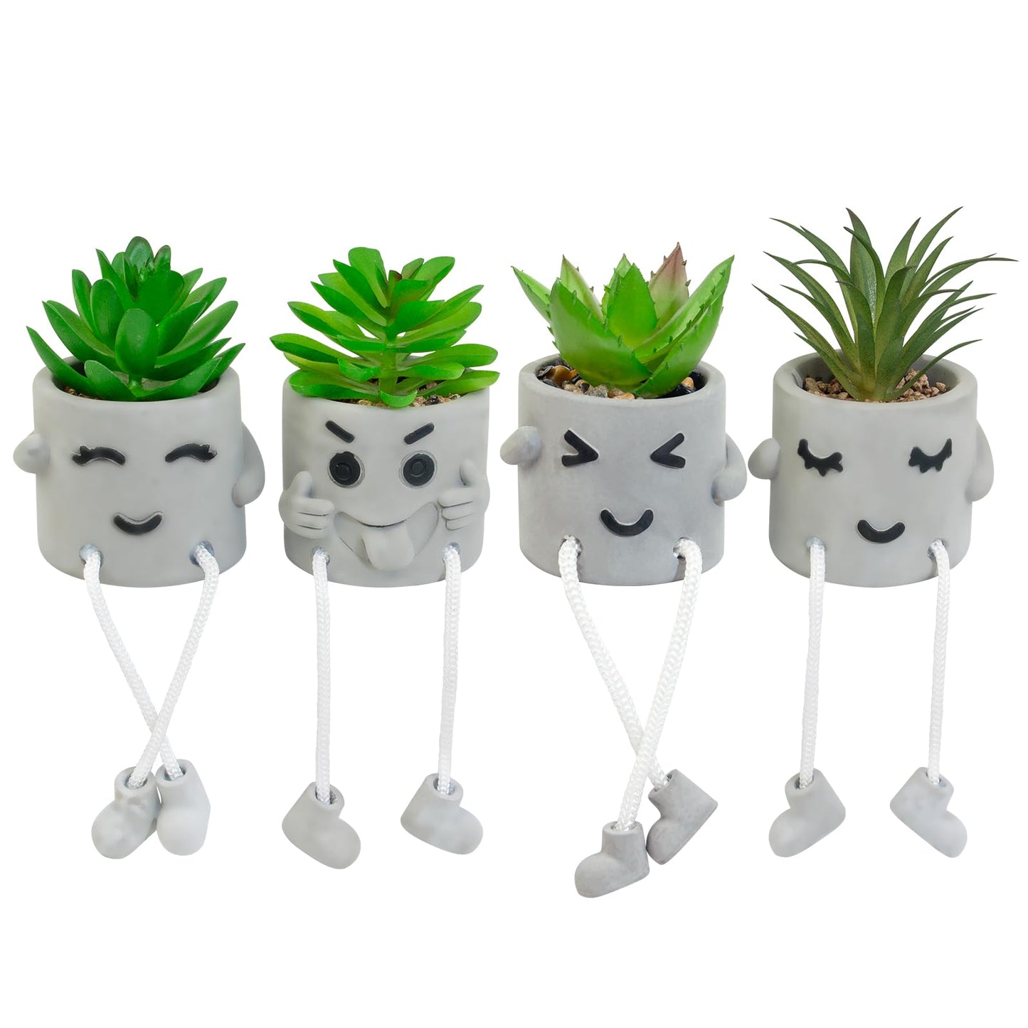 LUZOGA Set of 4 Small Faux Succulents in Cement Pots with Hanging Legs, Potted Mini Fake Plants for Desk, Office Cubicle, Kitchen, Bathroom, Wall Shelf Decor, Room & Bookshelf Ornament