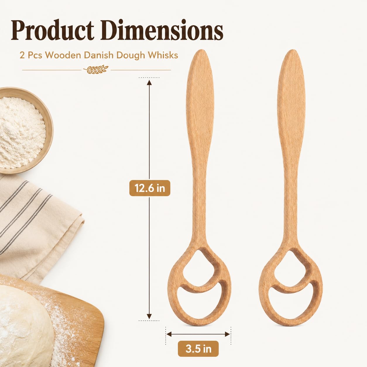 2 Pcs Wooden Danish Dough Whisks for Sourdough Bread, 12.6 in