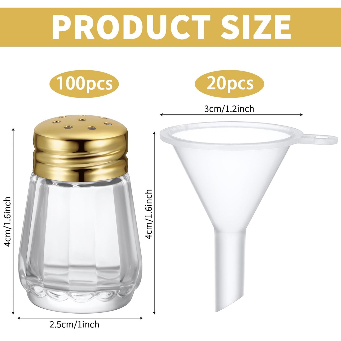 Potchen 100 Pcs 0.5 oz Small Salt and Pepper Shakers with Funnels Clear Mini Glass Seasoning Jars Bulk Tiny Spice Glass for Wedding Party Restaurant Home Kitchen Travel Camp (gold)