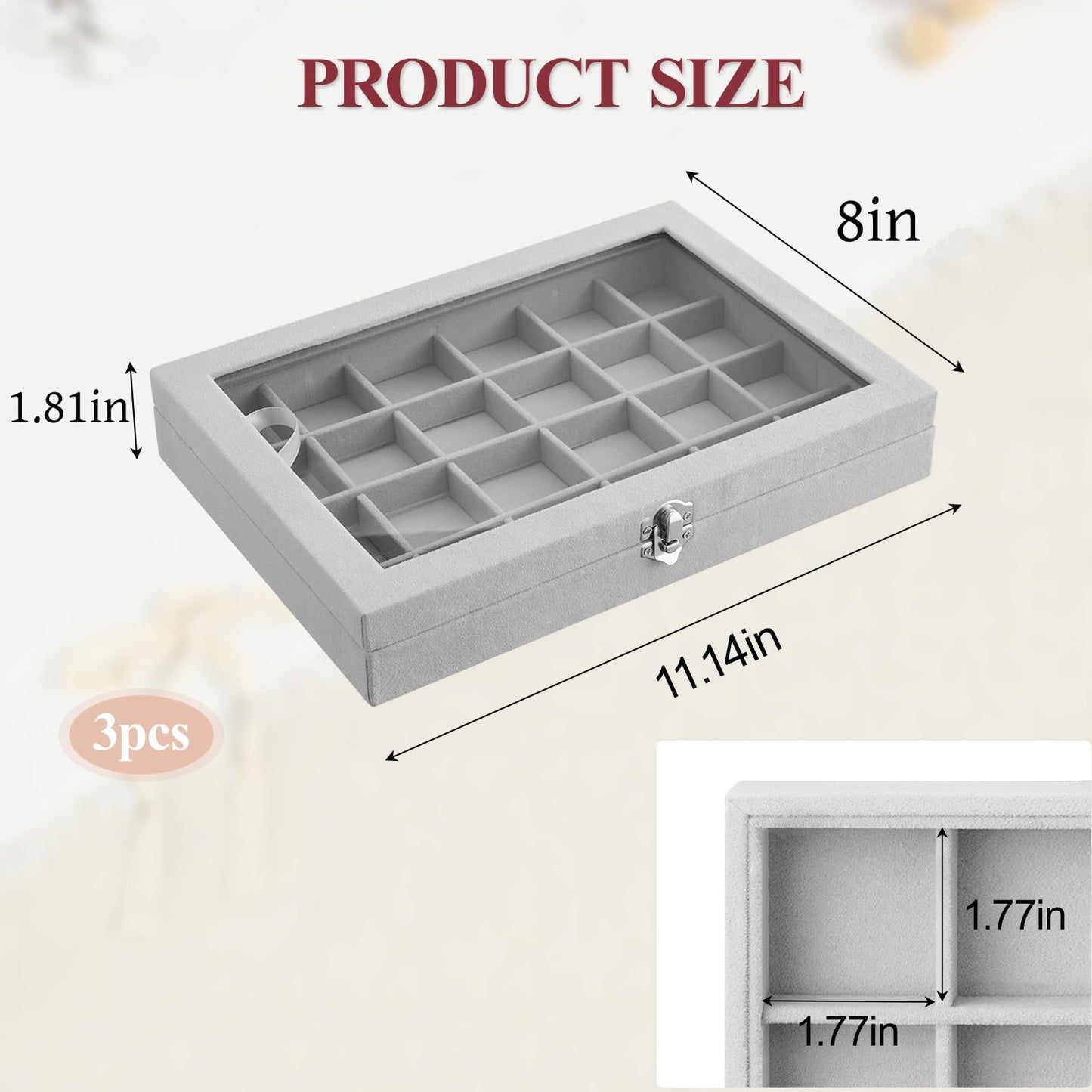 DOODLREAM 3PCS Grey Rock Display Boxes with Clear Glass Lid, 24-Slot Large Flocking Lined Rock Crystal Storage Organizer Case, 11.14x8x1.81 Inch Earring Tray & Ring Holder, Jewelry Showcase
