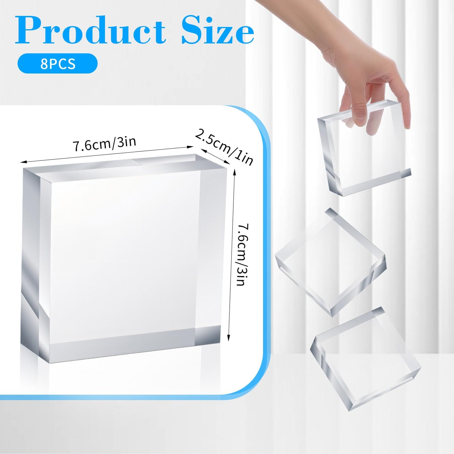 8 Pcs Acrylic Blocks for Display, Clear Solid Square Acrylic Bases Stand