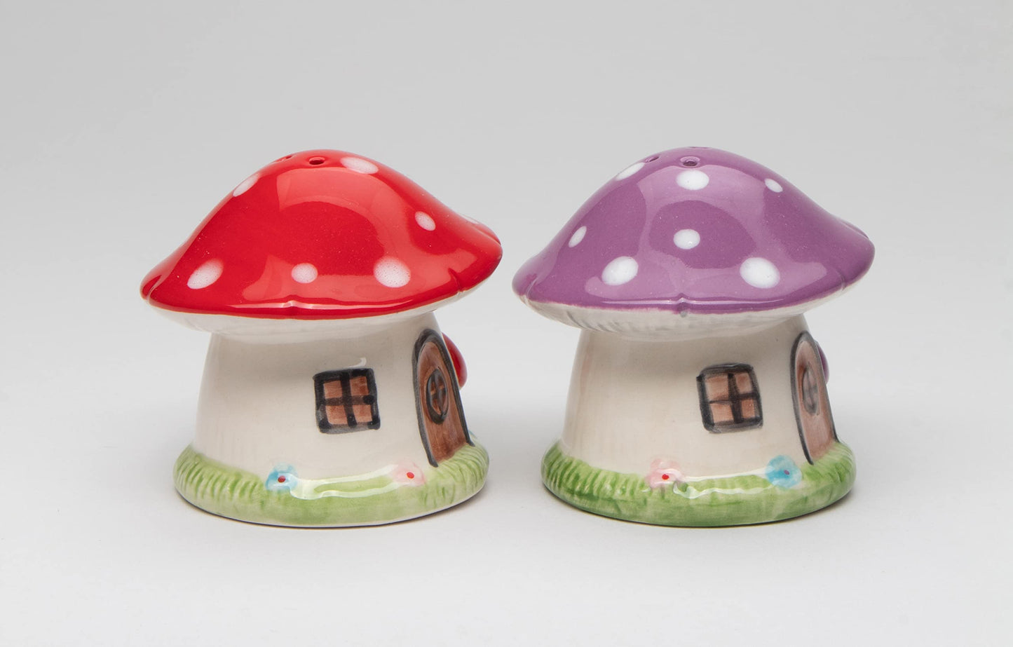Fine Ceramic Fairy Mushroom House Salt & Pepper Shakers Set, 2-5/8"