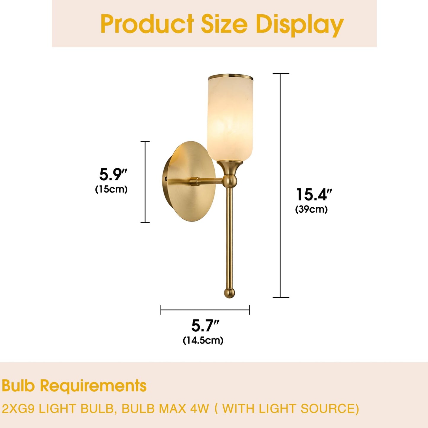Fanyank Alabaster Wall Sconce, 15.4inch Natural Marble Lampshade Wall Sconce, Hardwired Sconce LED Modern Wall Lamp for Bedroom, Stairs, Living Room, Bedside, Hallway Gold
