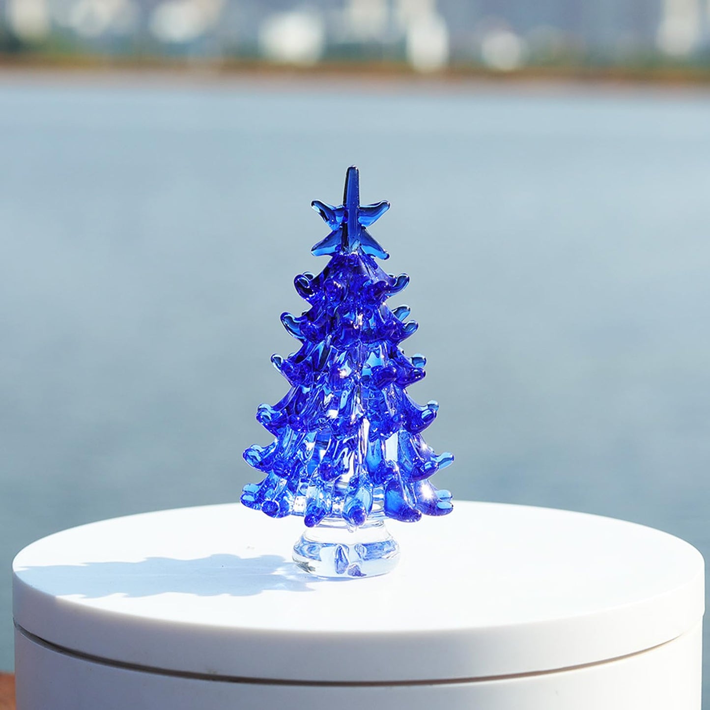 NaneTidy Blue Hand Blown Glass Christmas Tree Glass Figurine Decoration for Xmas Window Tabletop Mantel