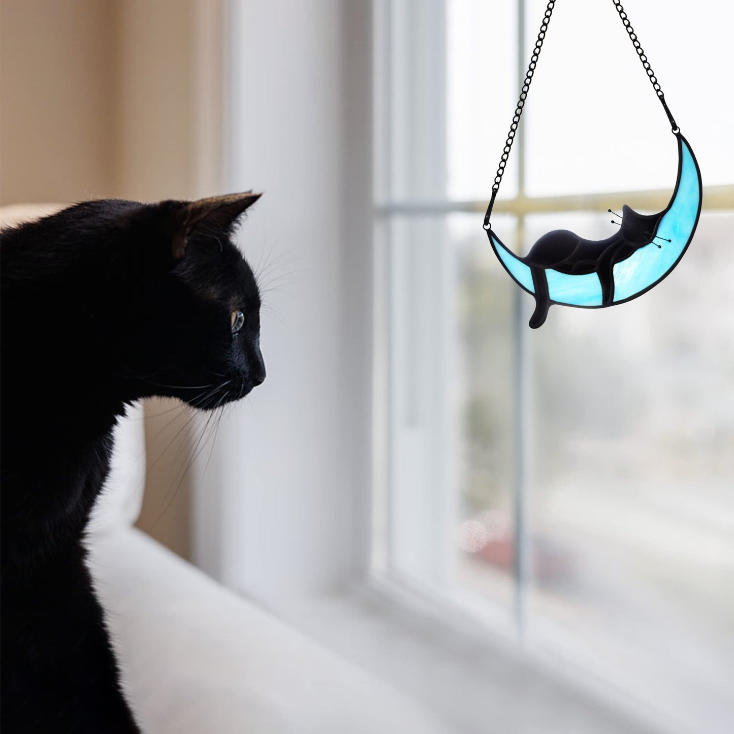 BOXCASA Black Cat Moon Suncatcher Stained Glass Cat Witchy Gift for Women