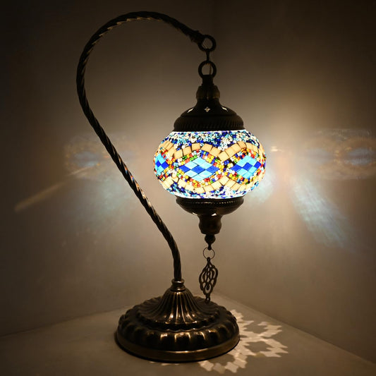 Caelumslvd Portable Rechargeable Turkish Swan Neck Bronze Base Table Lamp with 3600mAh Battery, Handmade Moroccan Tiffany Colorful Mosaic Glass Night Stand Light Fixture for Living Room Bedroom Decor