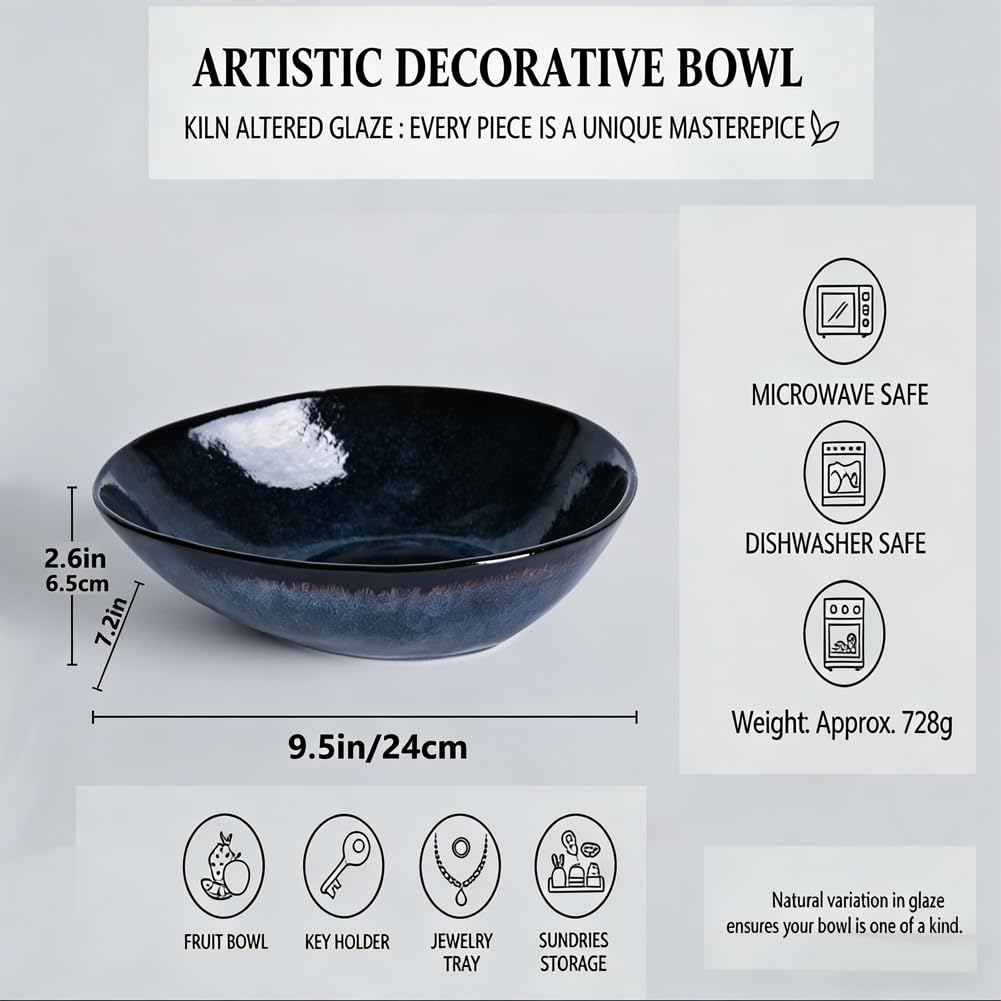 XIYOUQI Blue Decorative Bowl, 9.5" Blue Bowls, Ceramic Fruit Bowl，Pottery Key Bowl for Entryway Table, Candy Dish, Jewelry Trinket Dish, Fruit Bowl for Kitchen Counter, Glazed Bowl for Home Decor