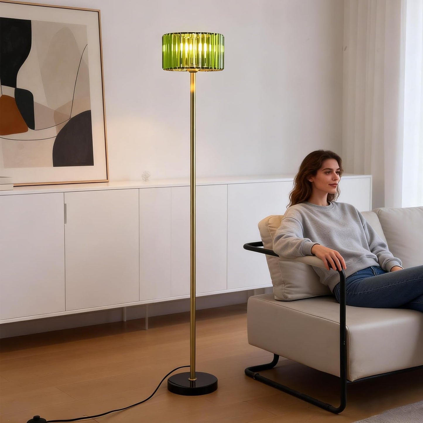Asmymhd Modern Crystal Floor Lamp, Gold Standing Light with Green Crystal Shade, Mid Century Pole Lamp for Living Room, Bedroom, Corner Office (Gold and Green)