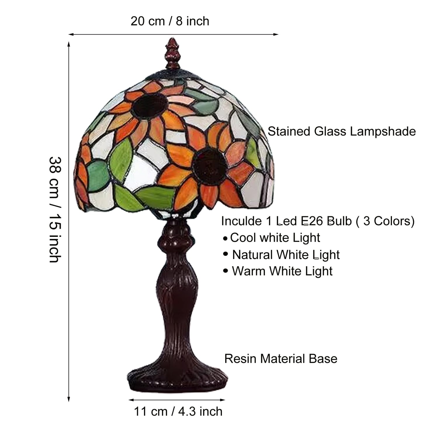 tuomoxte Tiffany Table Lamp,3 Color-Temperature Sunflower Stained Glass Lamp,8X8X15 Inch Small Accent Antique Nightstand Bedside Table Lamps for Bedroom Living Room Home Office Light +LED Bulb