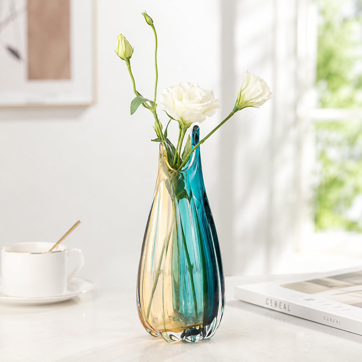 Hand Blown Glass Vase, Medium Wide Mouth Flower Vase Unique Modern Turquoise Glass Art Decor, Nonbreakable Vases for Table Centerpieces Living Room Decorative Amber and Teal Vase