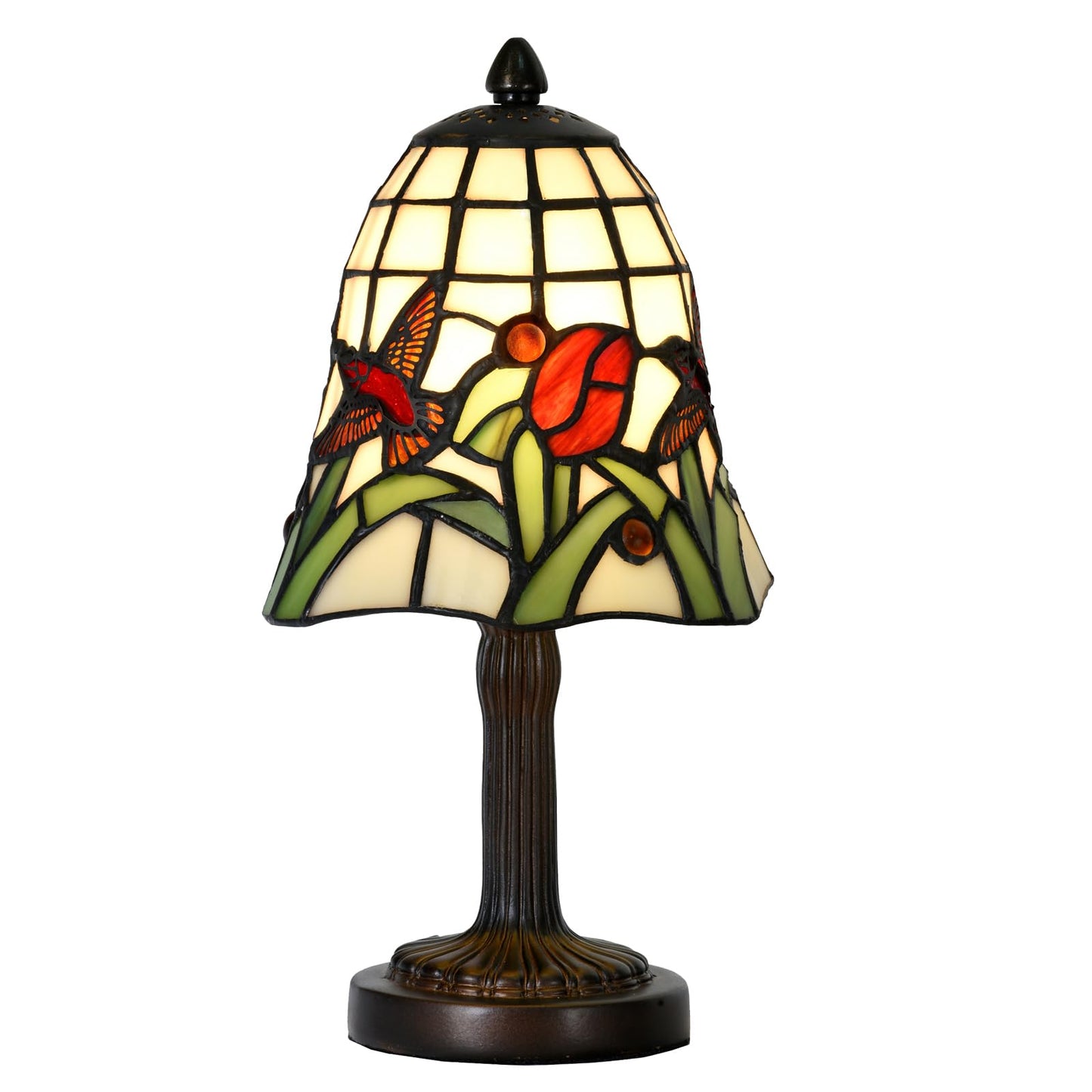 HomeBeauty TL0039 Tiffany Style Mini Table Lamp,Handmade Stained Glass Hummingbird Tulip Accent Lamp,W 6" x H 11.75" Small Desk Lamp for Bedroom Living Room,Nightstand,Coffee Table, LED Bulb Included