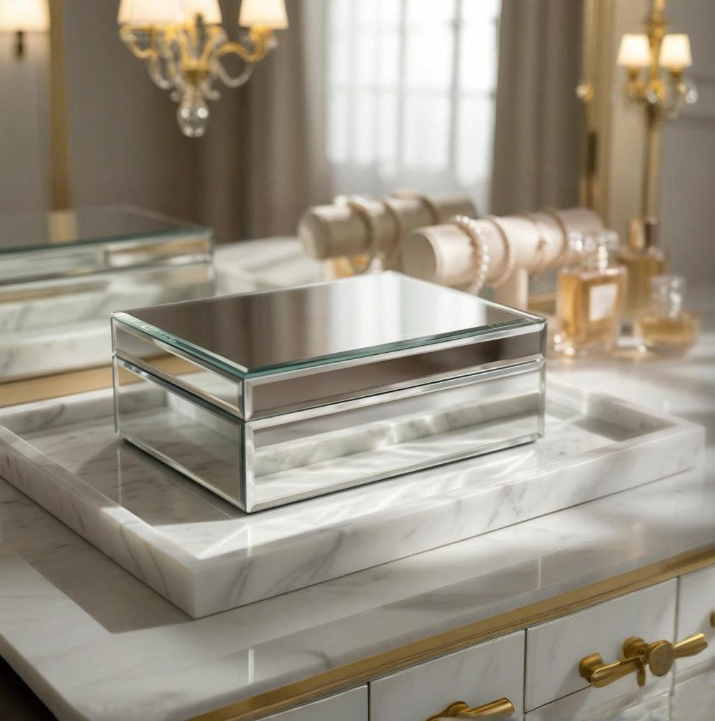 QMDECOR Silver Glass Mirrored Jewelry Box Beautiful Finish Storage Sturdy Organizer High-end Jewelry Organizer Luxury Big Vanity Mirror Box Keepsake Box Attractive Substantial Well Made Jewelry Box