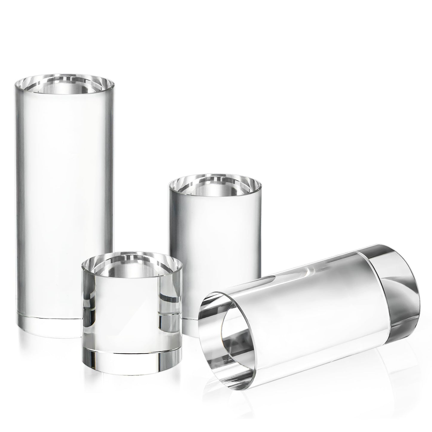 ZEERSHEE 4-Pack Clear Glass Cylinder Display Risers Crystal Blocks Display Stand for Collectibles Art Craft Transparent Solid Bases for Jewelry Cosmetic Crafts Closet Show(4''/3.2''/2.4''/1.6'')