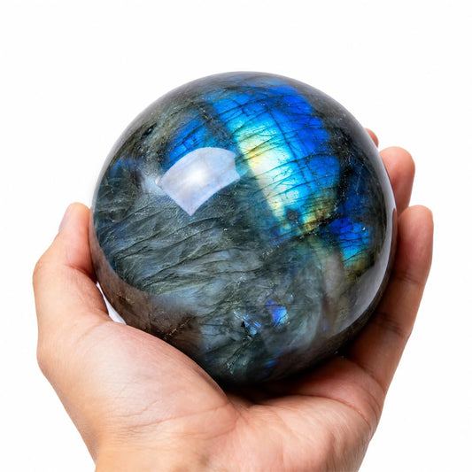 2.4-2.8 inch (6-7 cm) Natural Labradorite Crystal Sphere with Stand, Hand Polished Blue Green Aurora Color Gemstone Ball, Reiki Healing Stone, Feng Shui Home Ornament, Spiritual Meditation Decor