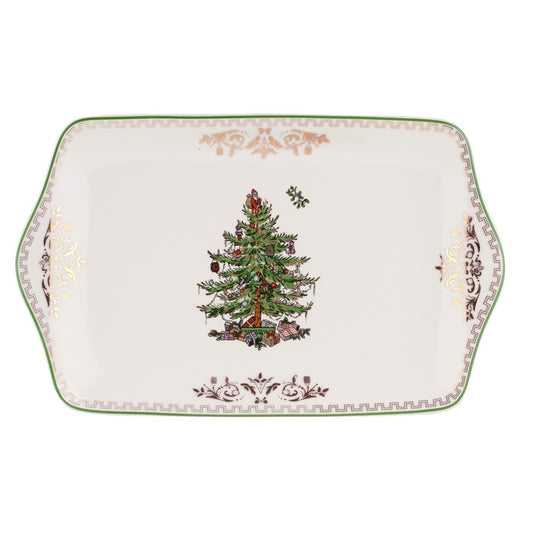 Spode Christmas Tree Gold Dessert Tray - 12" Fine Porcelain Festive Serving Platter with Red Ribbons, Holiday Collectible Dish for Entertaining & Desserts - Winter Holiday Serveware Gift