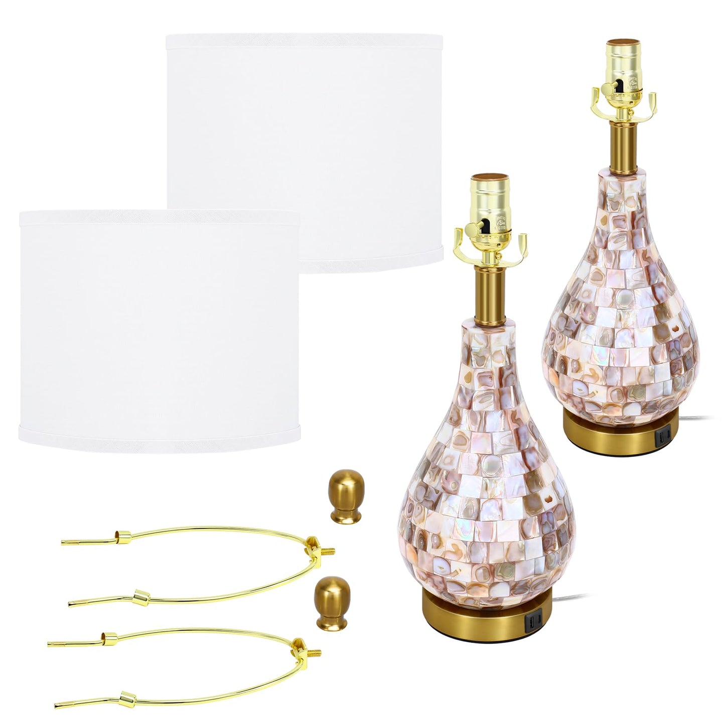 TPAMSWO Modern Coastal Table Lamps Set of 2, Natural Mother of Pearl Tiles 23.5" Bedside Lamp, for Bedroom Living Room Home Nightstand Table Lamp(with USB C+A 5V 2.1A Charging Ports)