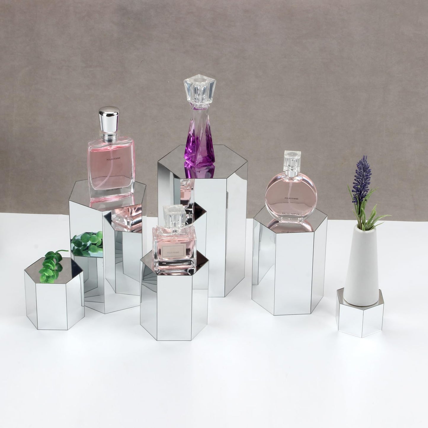 Kcgani Hexagonal Mirror Acrylic Jewelry Display Risers, Hexagon Display Riser Stands Multipurpose Riser, Perfume Figure Showcase Display Stand Makeup Brush Cosmetic Holder Storage Containers, Set of 6