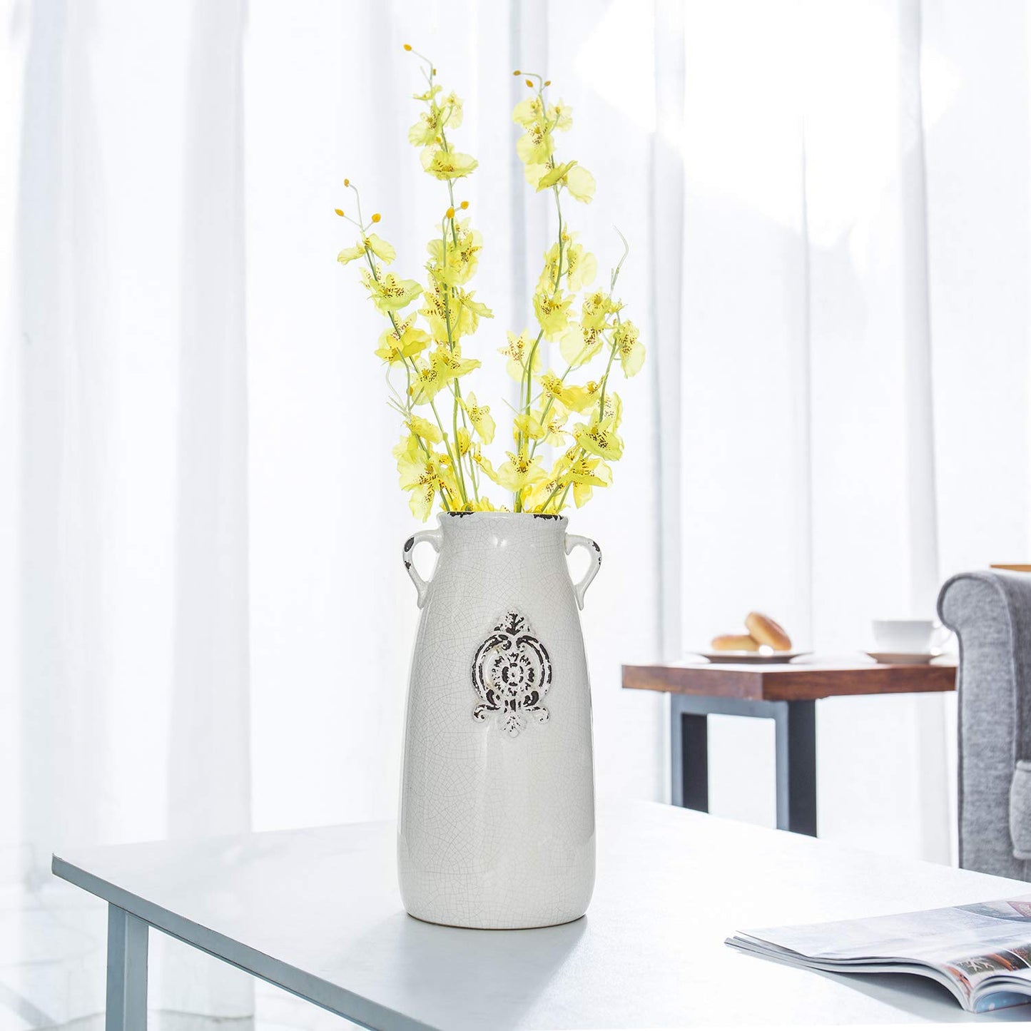 MyGift Farmhouse White Ceramic Vase with Handle and Embossed Seal Design, Antique Jug Shaped Tabletop Flower Vase