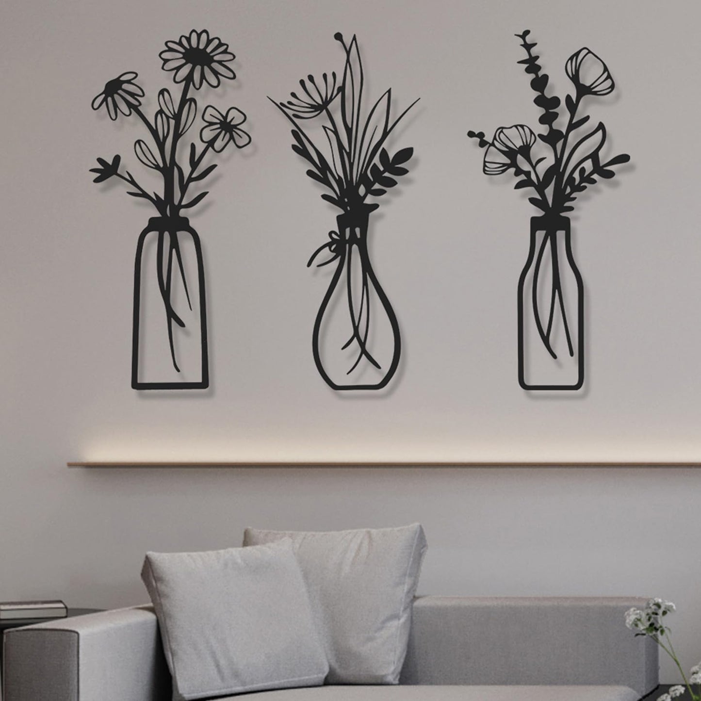AMAATE 3Pcs Black Iron Floral Vase Wall Sculptures Minimalist Home Decor