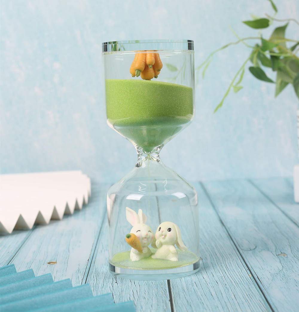 Falytemow 30 Minutes Hourglass with Carrots and Rabbits Green Sand Timer Desktop Decoration for Kitchen School Teaching