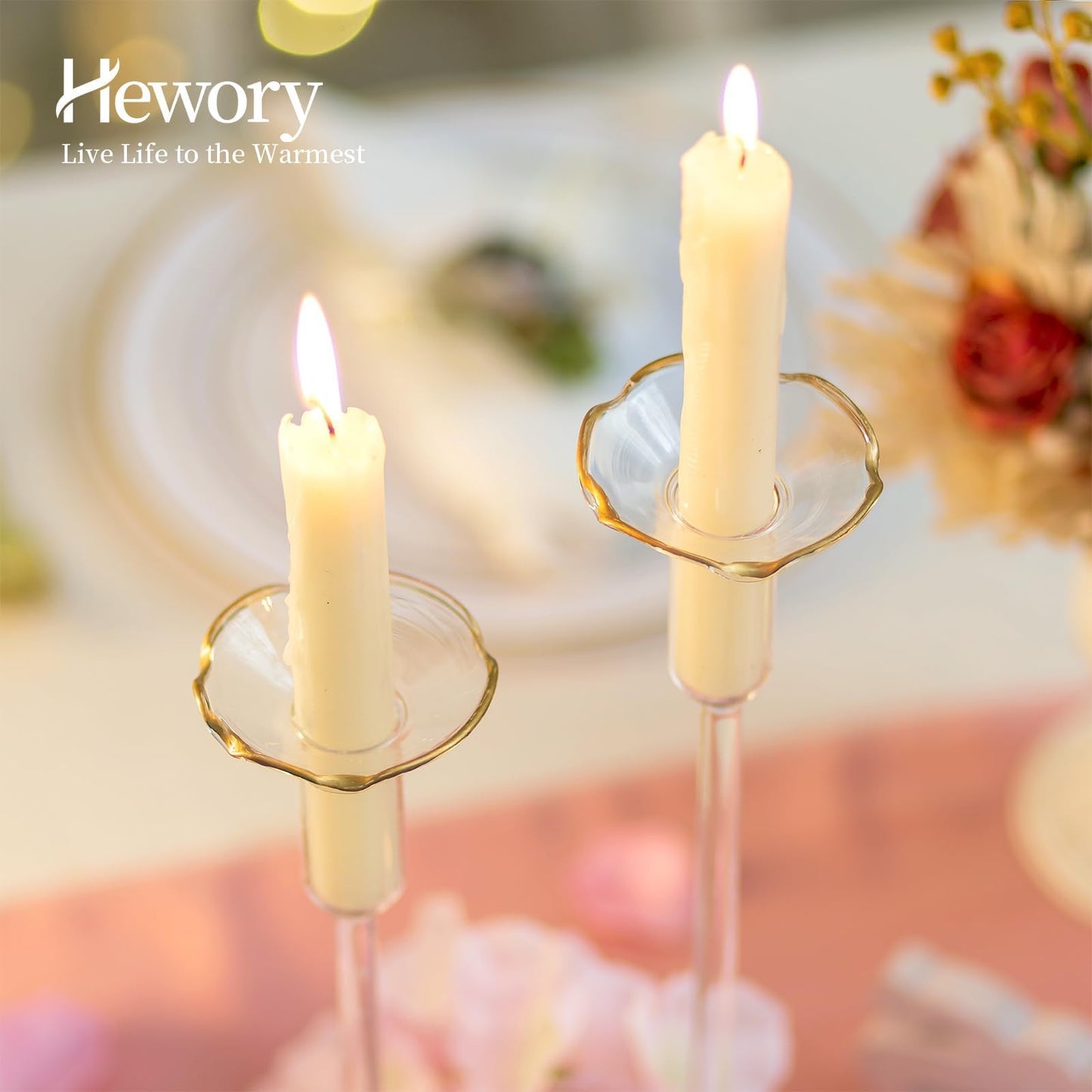 Hewory Glass Bobeches for Candlestick Holders, 3 PCS Candle Drip Protector Rings for Taper, Candle Drip Catcher for Candle Stick Candle Holder for Wedding Party Church Home (Scallop, Gold Rim)