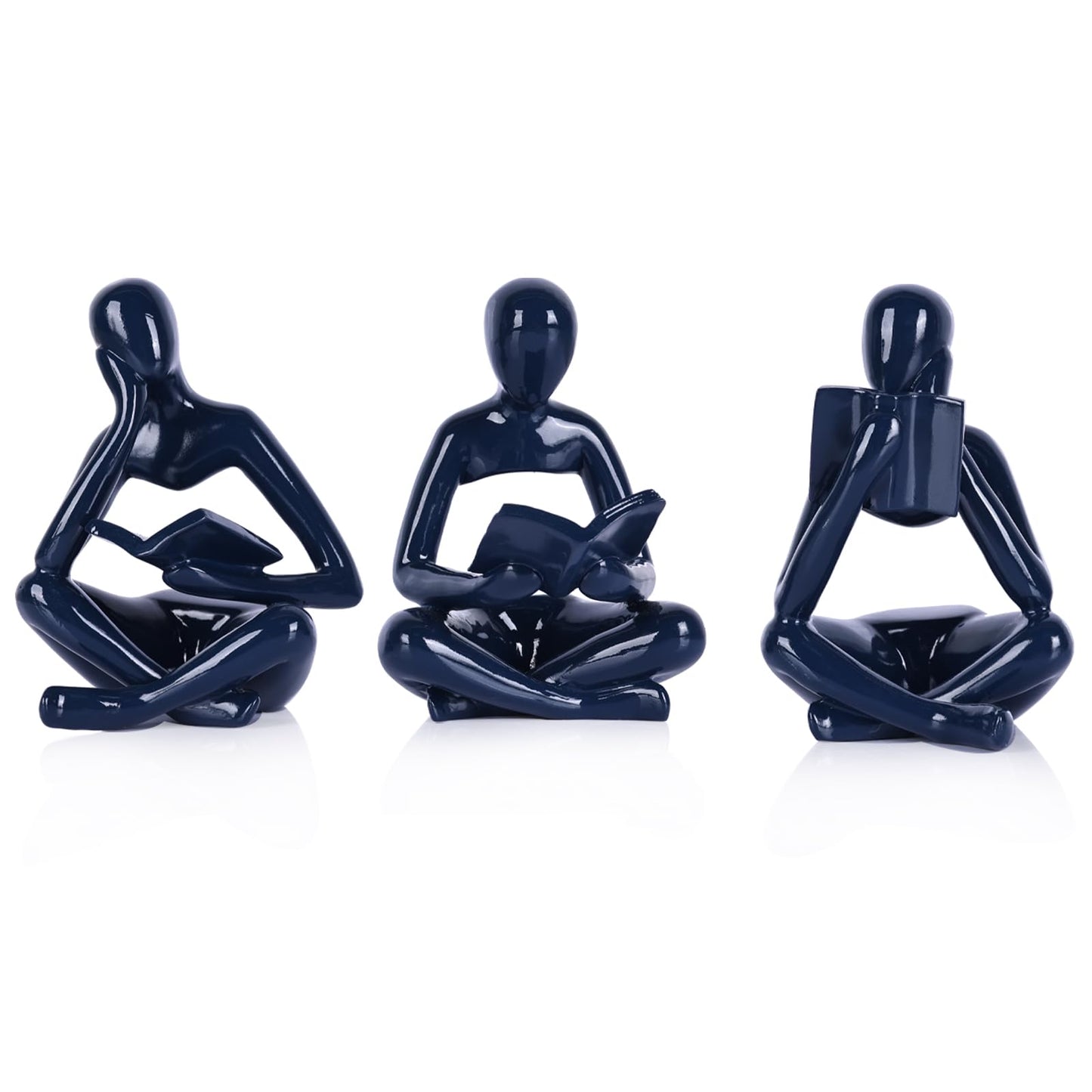 Navy Blue Thinker Statue Set of 3, Glossy Resin Reading Statue Figurines for Coffee Table, Abstract Sculptures Home Decor for Shelf, Desk, TV Console, Modern Blue Room Accents for Living Room Office