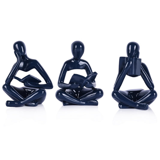 Navy Blue Thinker Statue Set of 3, Glossy Resin Reading Statue Figurines for Coffee Table, Abstract Sculptures Home Decor for Shelf, Desk, TV Console, Modern Blue Room Accents for Living Room Office