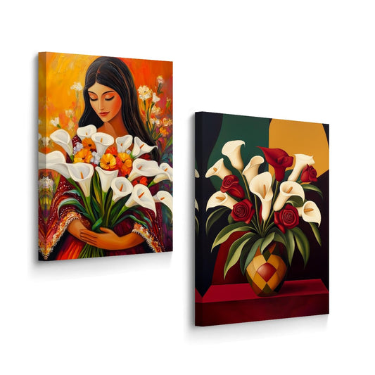 BJYCHG Calla Lily Canvas Wall Art 2 Pieces Calla Lilly Woman Art Prints Vintage Mexican Girl Flower Vase Picture Red and White Floral Painting for Bedroom (Brown, 11x14inchx2 Pieces)