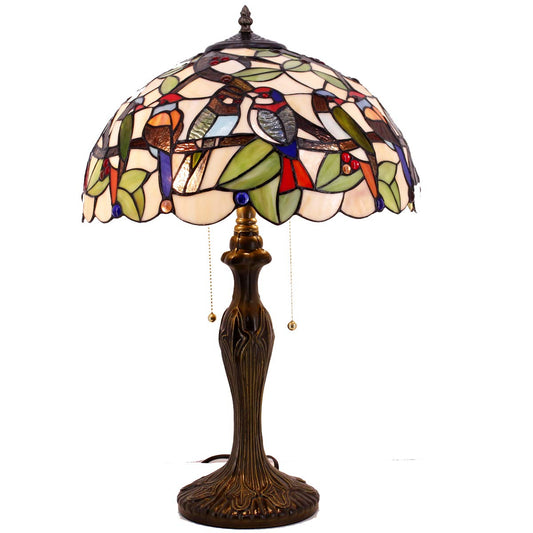 WERFACTORY Tiffany Table Lamp Colorful Stained Glass Birds Bedside Lamp 24"