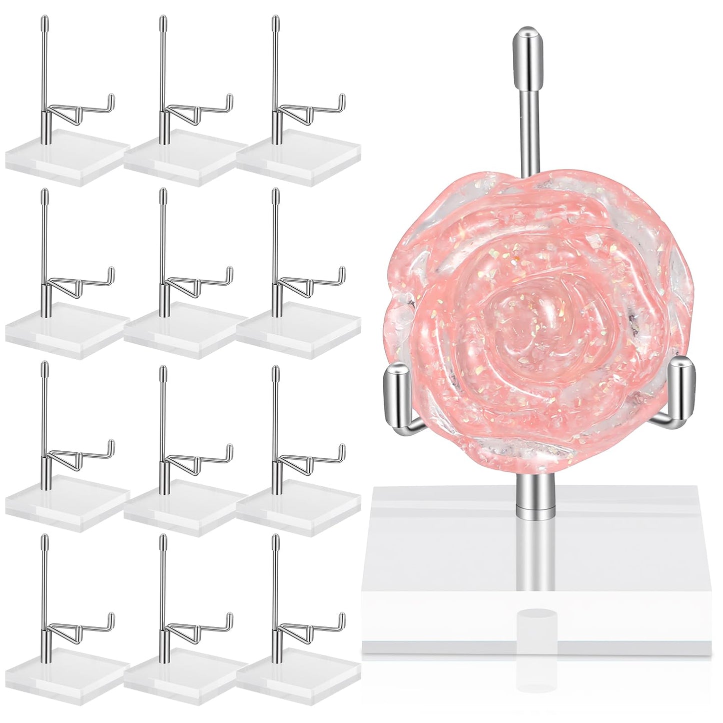 HOFURME 12 Pcs Adjustable Metal Arm Display Stand Crystal Holder Easel Display with Acrylic Base Easel Rock Mineral Stand for Geodes Mineral Agate Collection (Silver, 2 x 2 x 3.2 Inch)