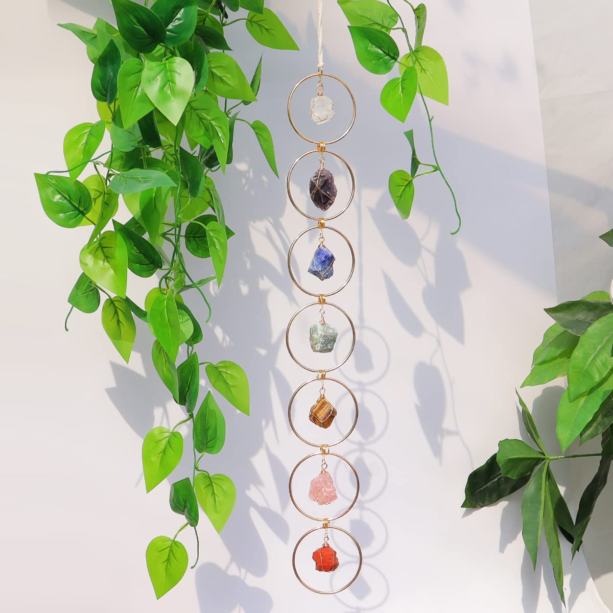 Pozbee 7 Chakra Crystal Hanging Ornament, Unique, Spiritual Boho Wall Decor, Raw Chakra Stones Amethyst Suncatcher, Rose Quartz Healing Crystal (Gold)