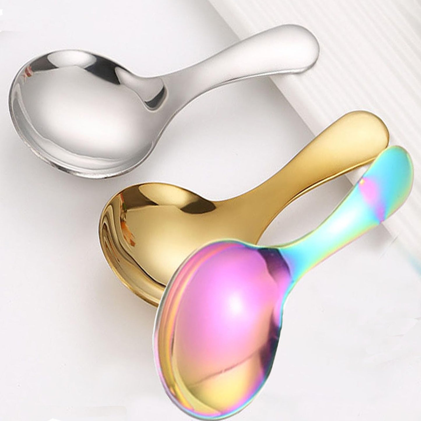 5 Pcs Stainless Steel Short Handle Thickened Small Round Spoons For Honey Candy Coffee Tea Salt Jam and Mustard - Ice Cream Dessert Spoon (A Multicolour)