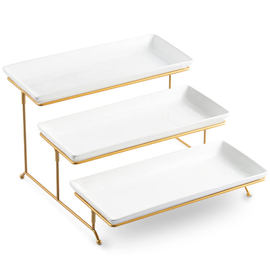 LYEOBOH 3 Tier Serving Stand and Platters Set Large Tiered Serving Platters with Collapsible Sturdier Rack 14 Inches Tiered Serving Tray for Appetizer Fruit, Dessert and Cupcake, White