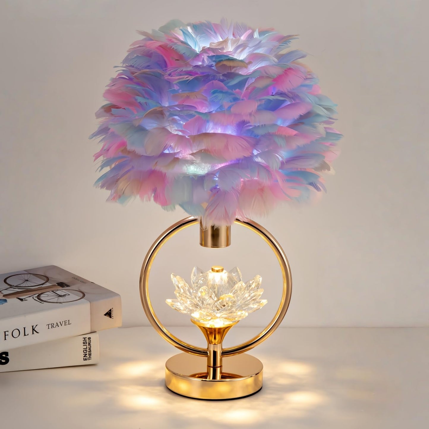ZYLEISENBAO Colorful Feather Lamp 17IN Unique Crystal Feather Bedside Nightstand Lamp Nordic Romantic Desk Light Fluffy Table Lamp for Girl Bedroom Wedding Christmas Gift Deco Living Room Entry